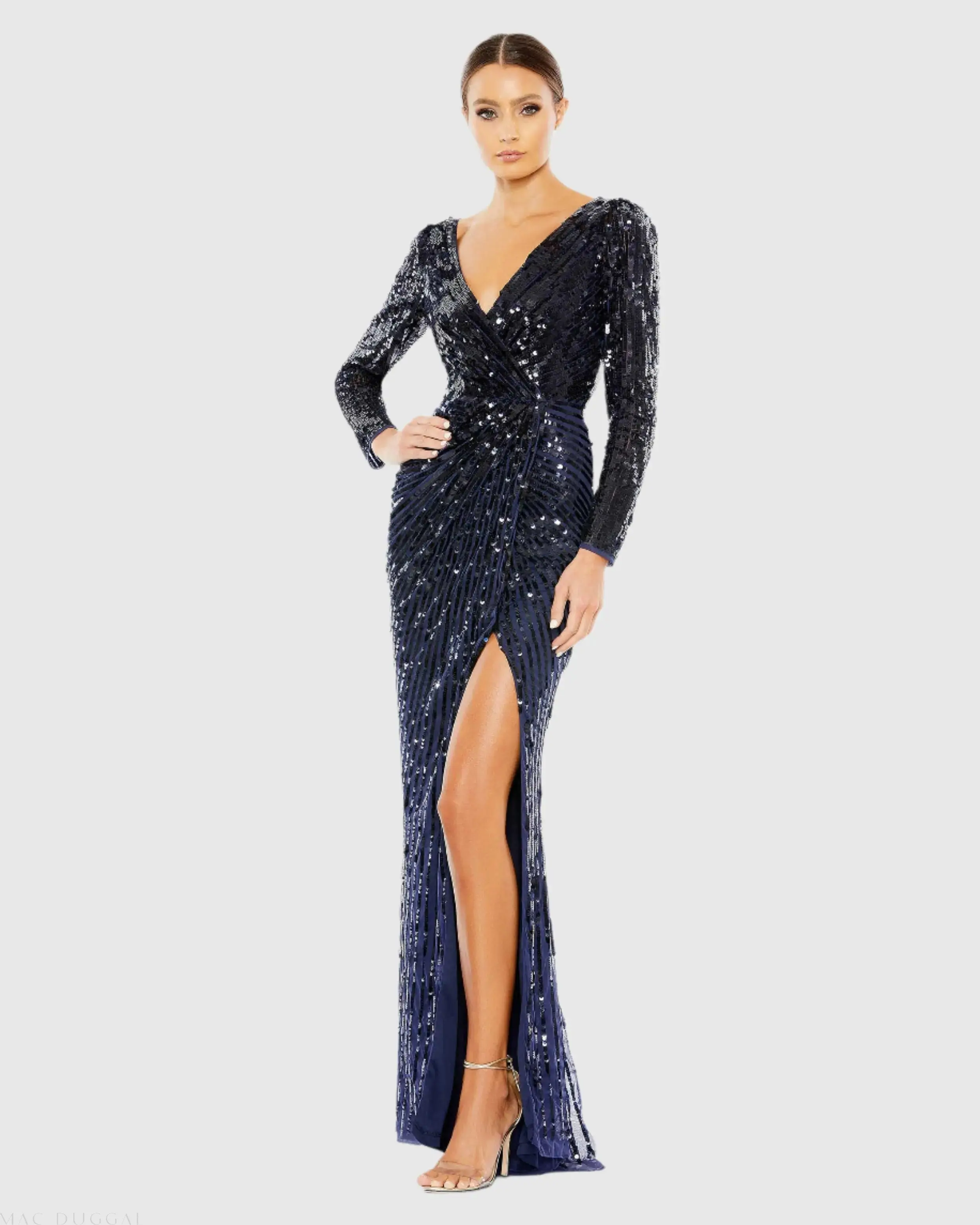 Sequined Faux Wrap Long Sleeve Gown - Image 2