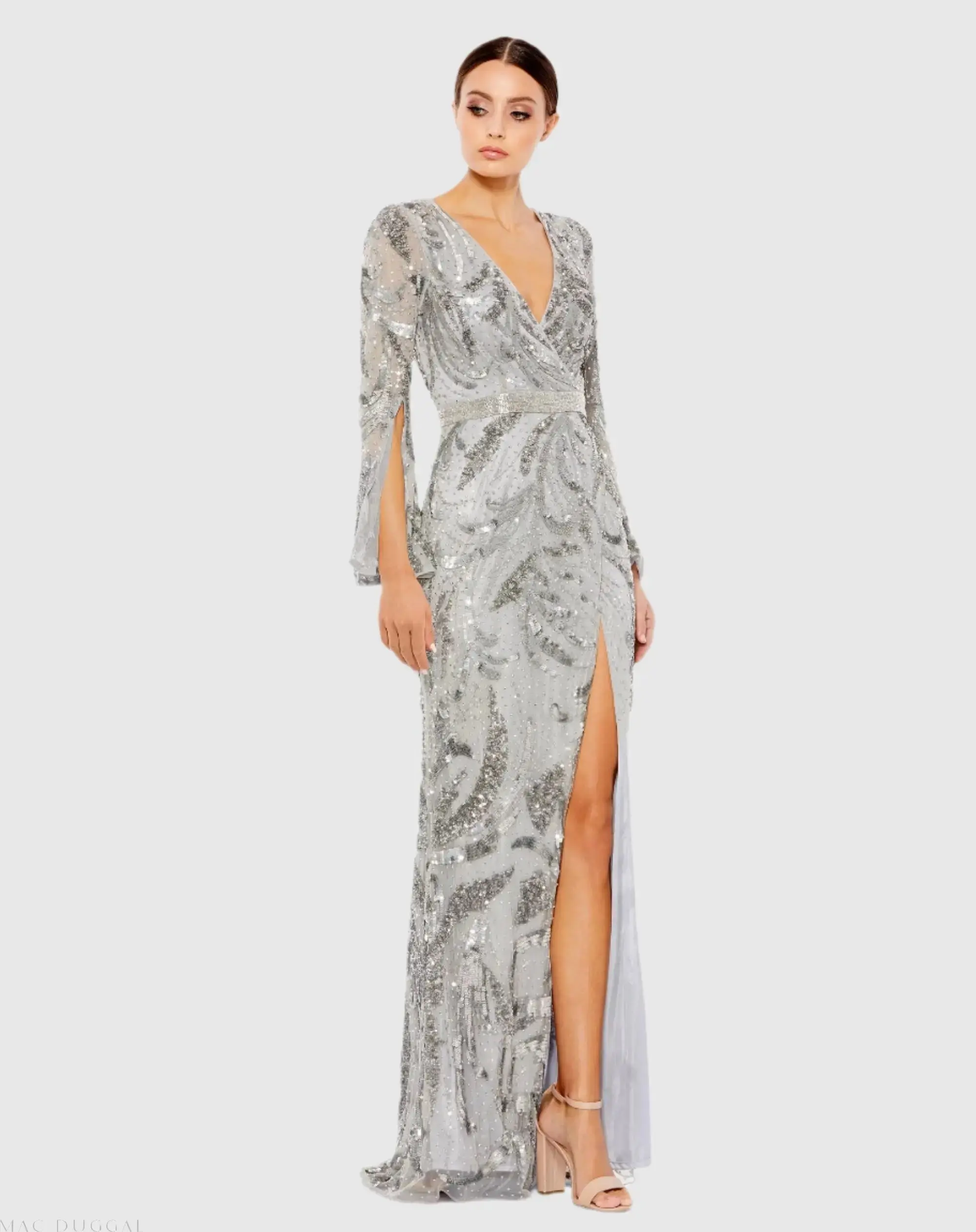 Sequined Faux Wrap Split Long Sleeve Gown - Image 2