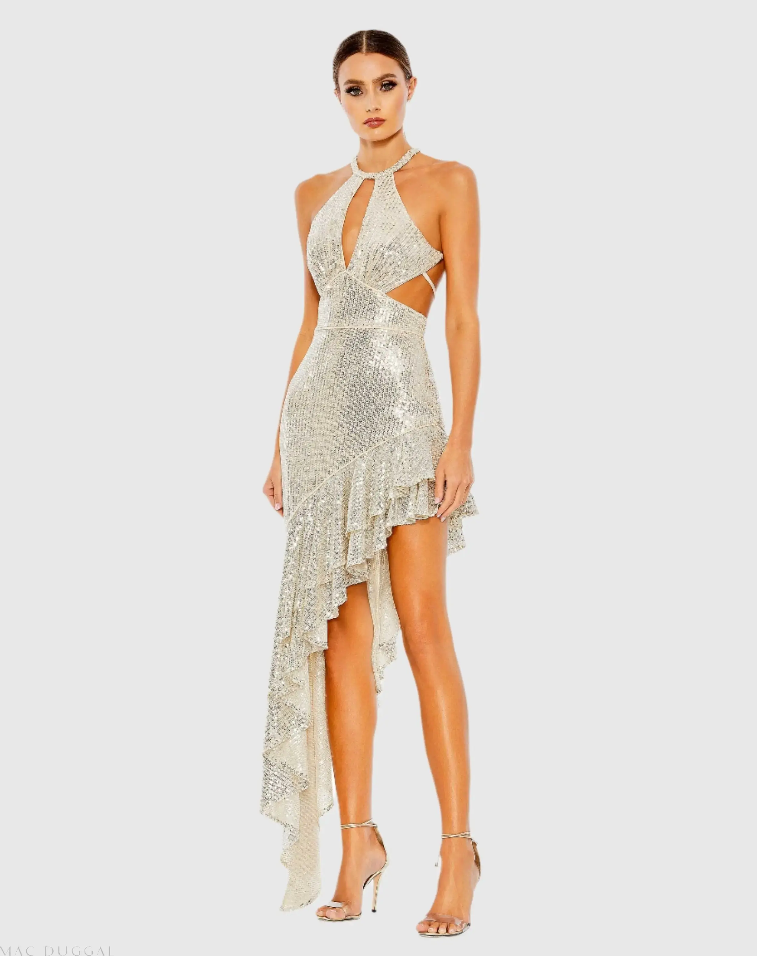 Sequined Halter Cut Out Ruffle Asymmetrical Dress - Image 2