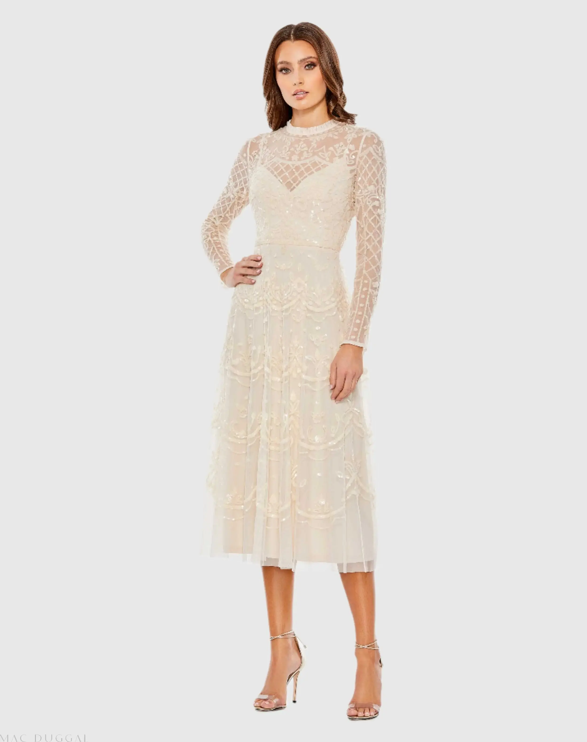 Sequined Illusion High Neck Long Sleeve Midi Dress - Image 2