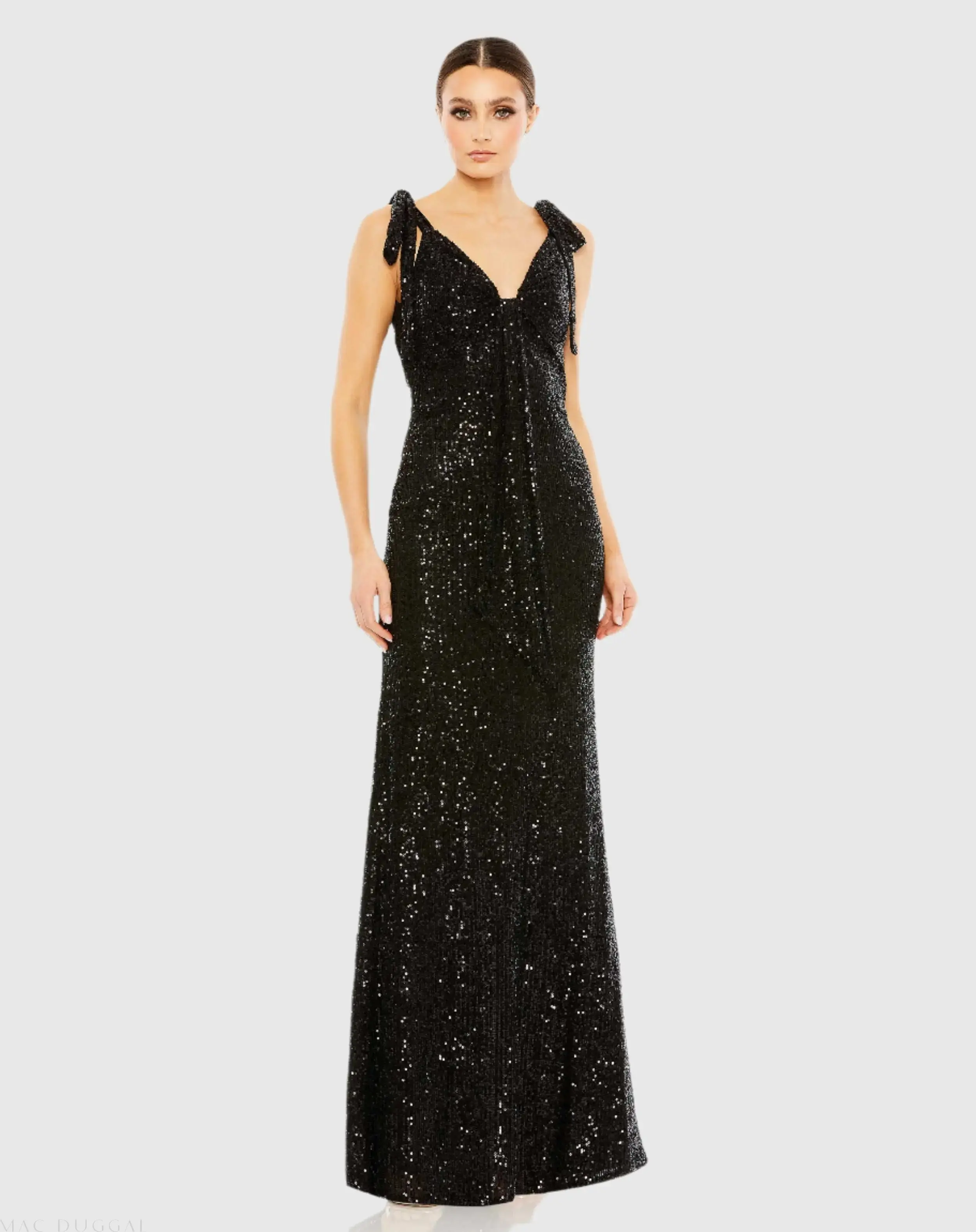 Sequined Low Back Bow Shoulder Gown - Image 2