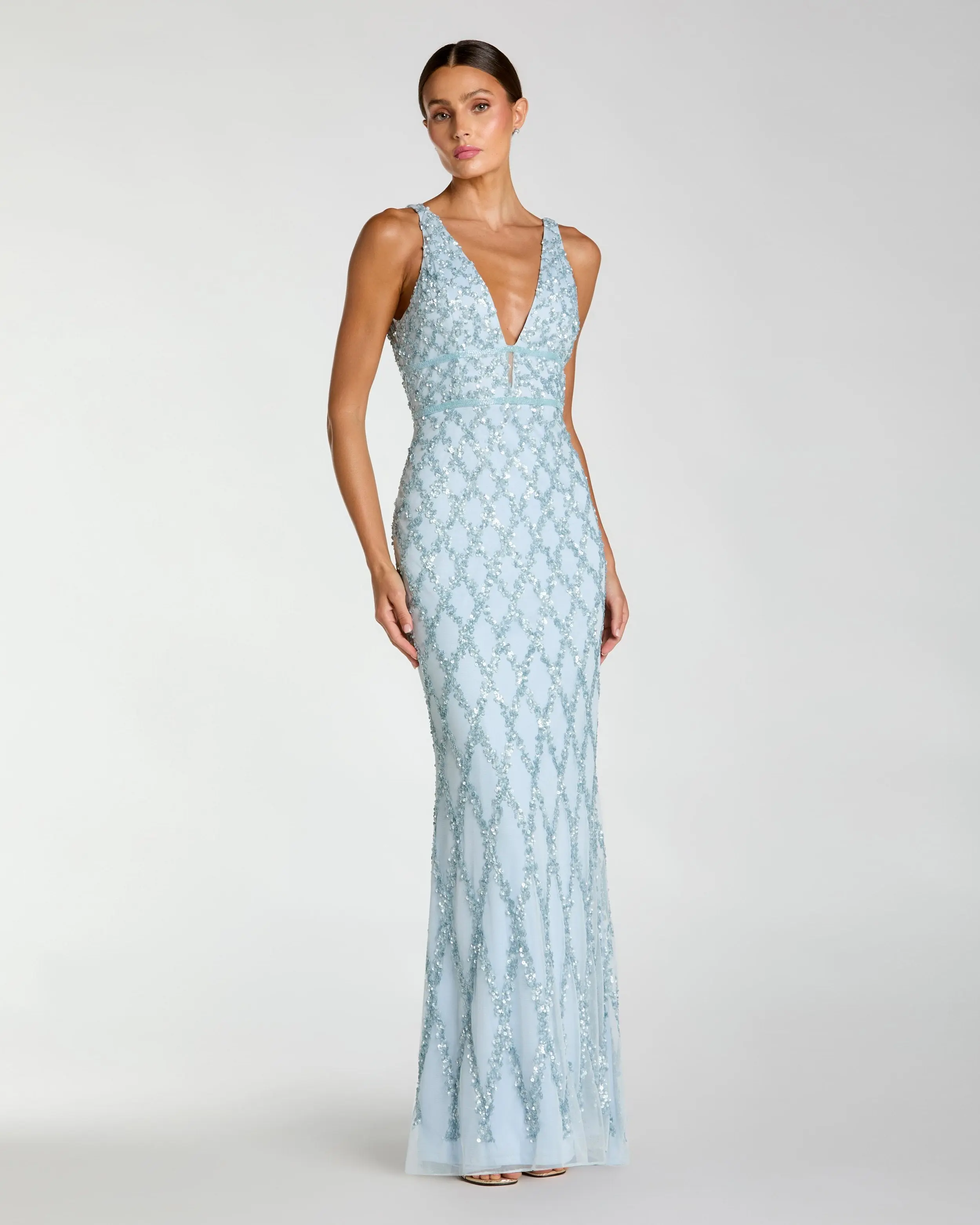 Sequined Plunge Neck Sleeveless Column Gown
