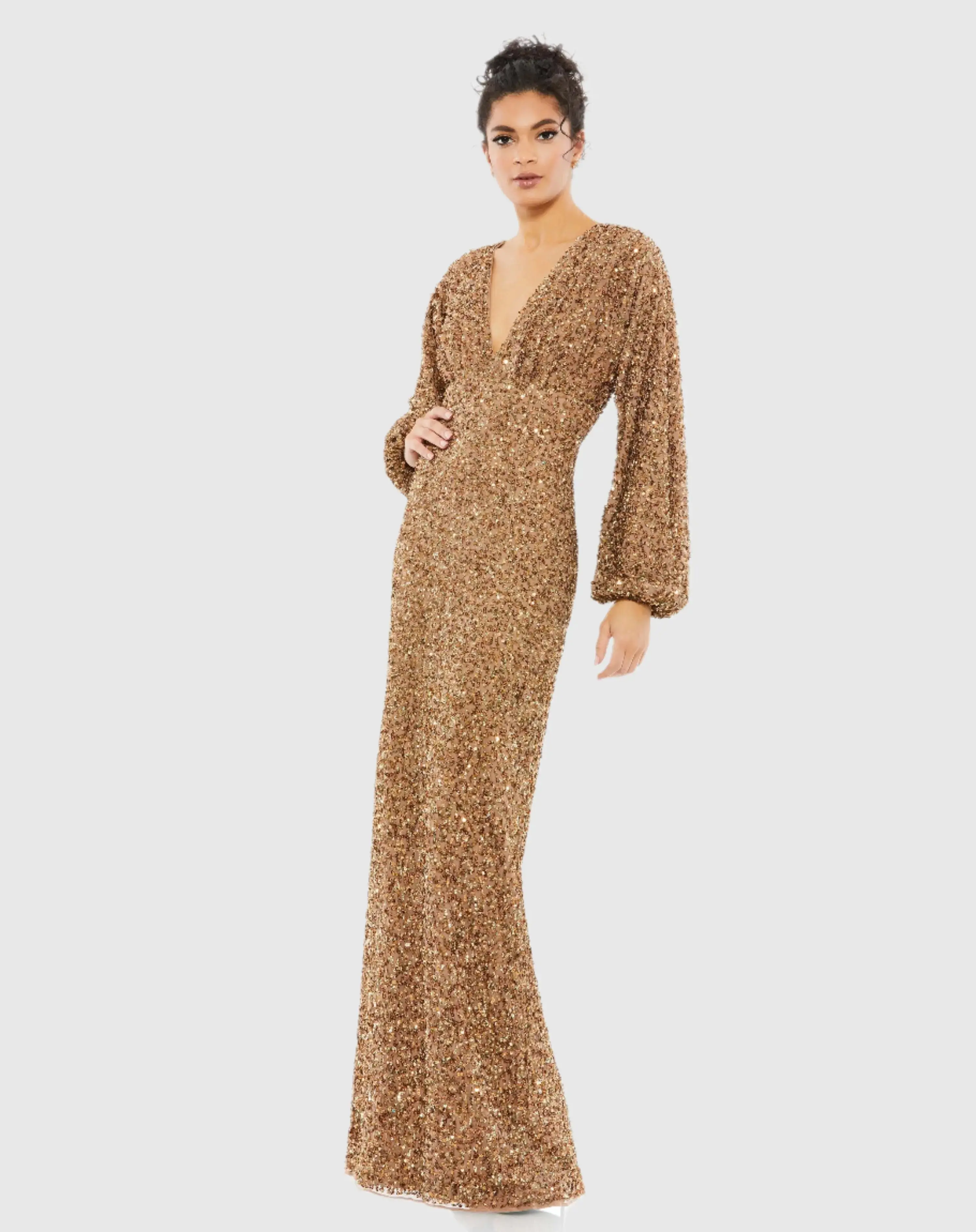 Sequined Puff Sleeve V Neck Gown - Image 2