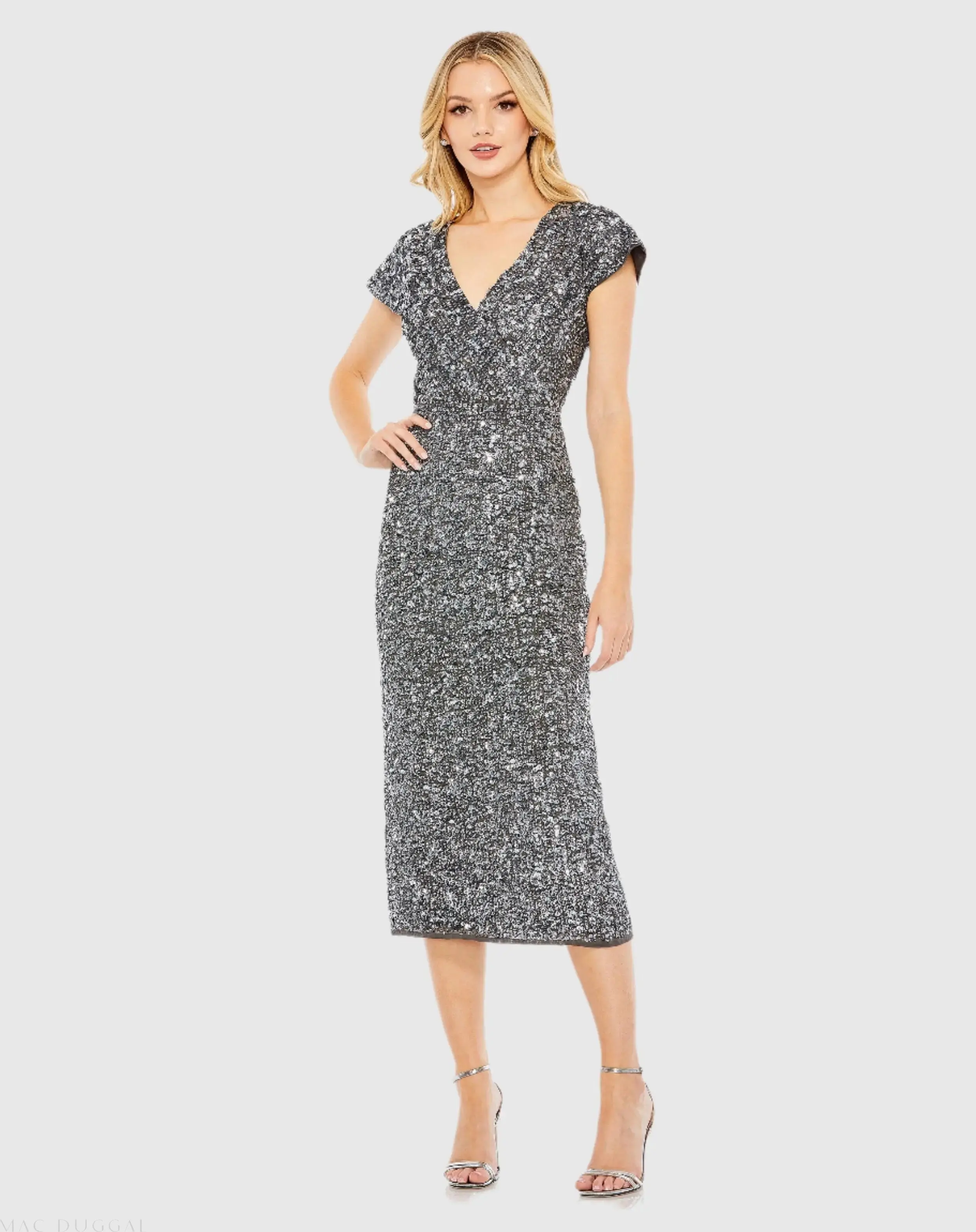 Sequined Cap Sleeve Wrap Over Cocktail Dress - Image 5