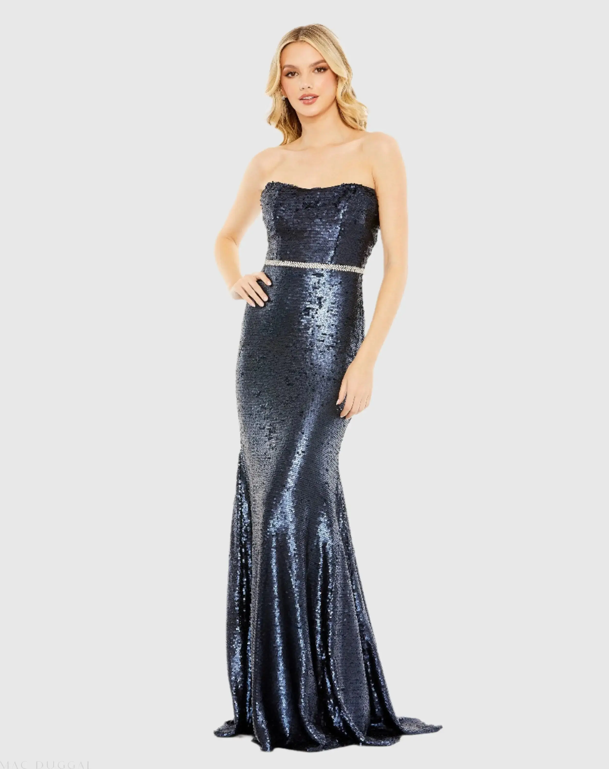 Sequined Strapless Rhinestone Belt Gown - Image 2