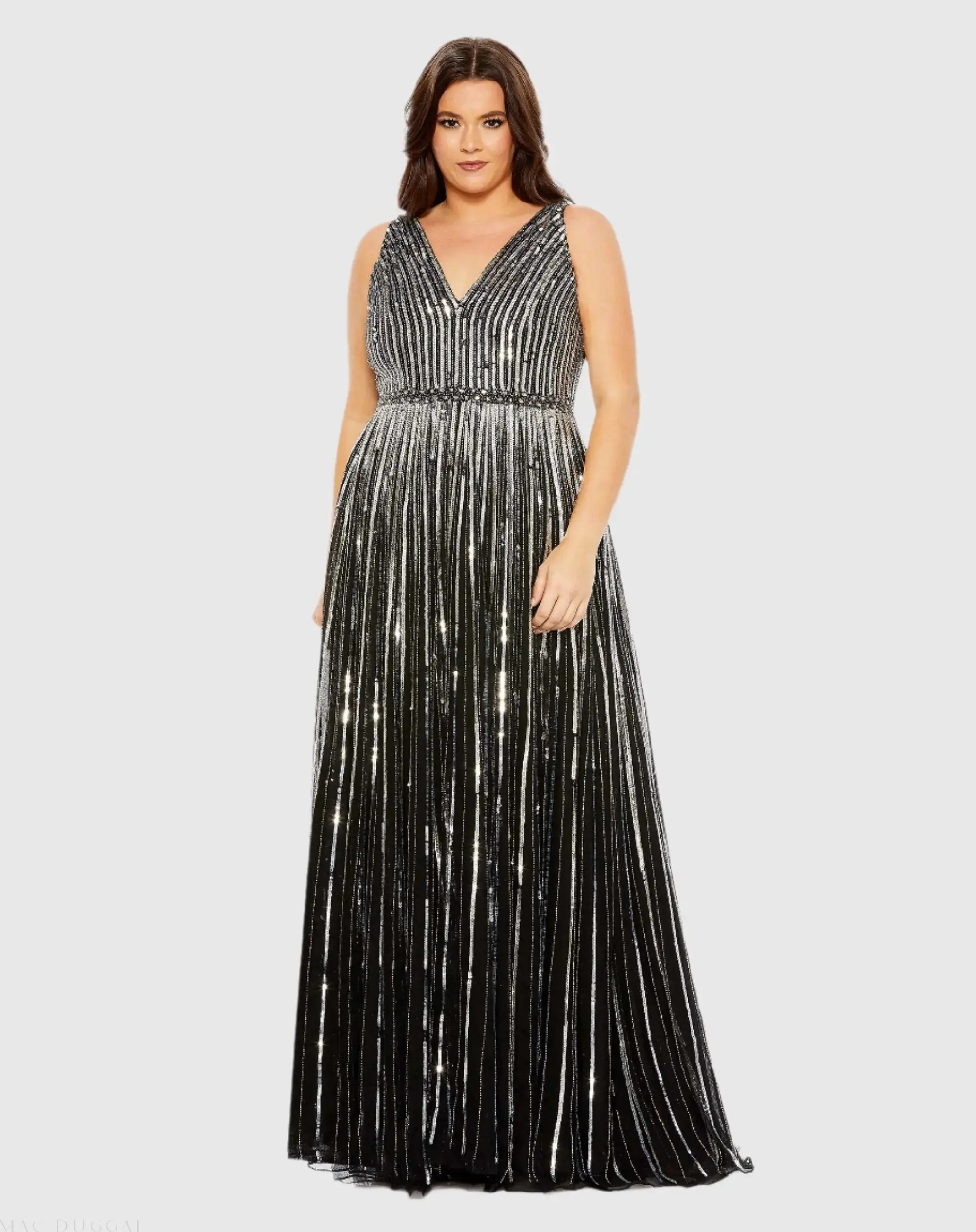 Sequined Striped Sleeveless V Neck A Line Gown (Plus) - Image 2