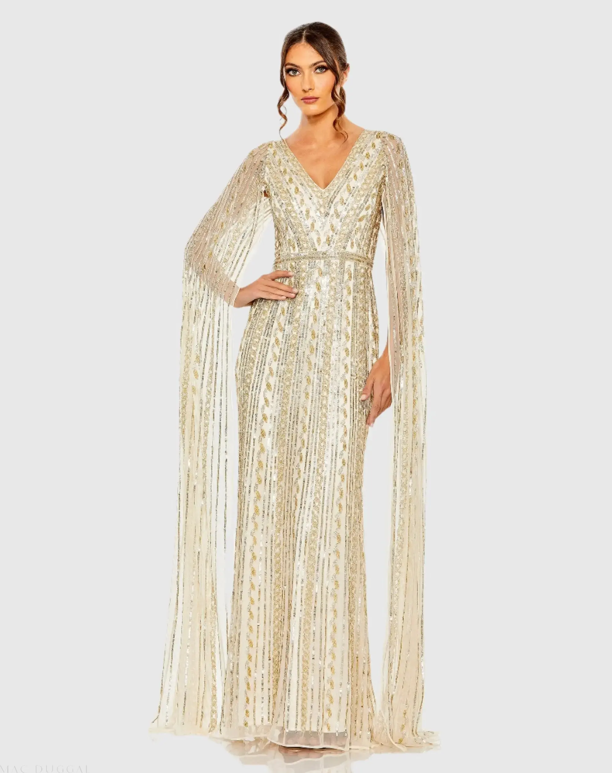 Sequined V-Neck Gown with Cape Sleeves - Image 2