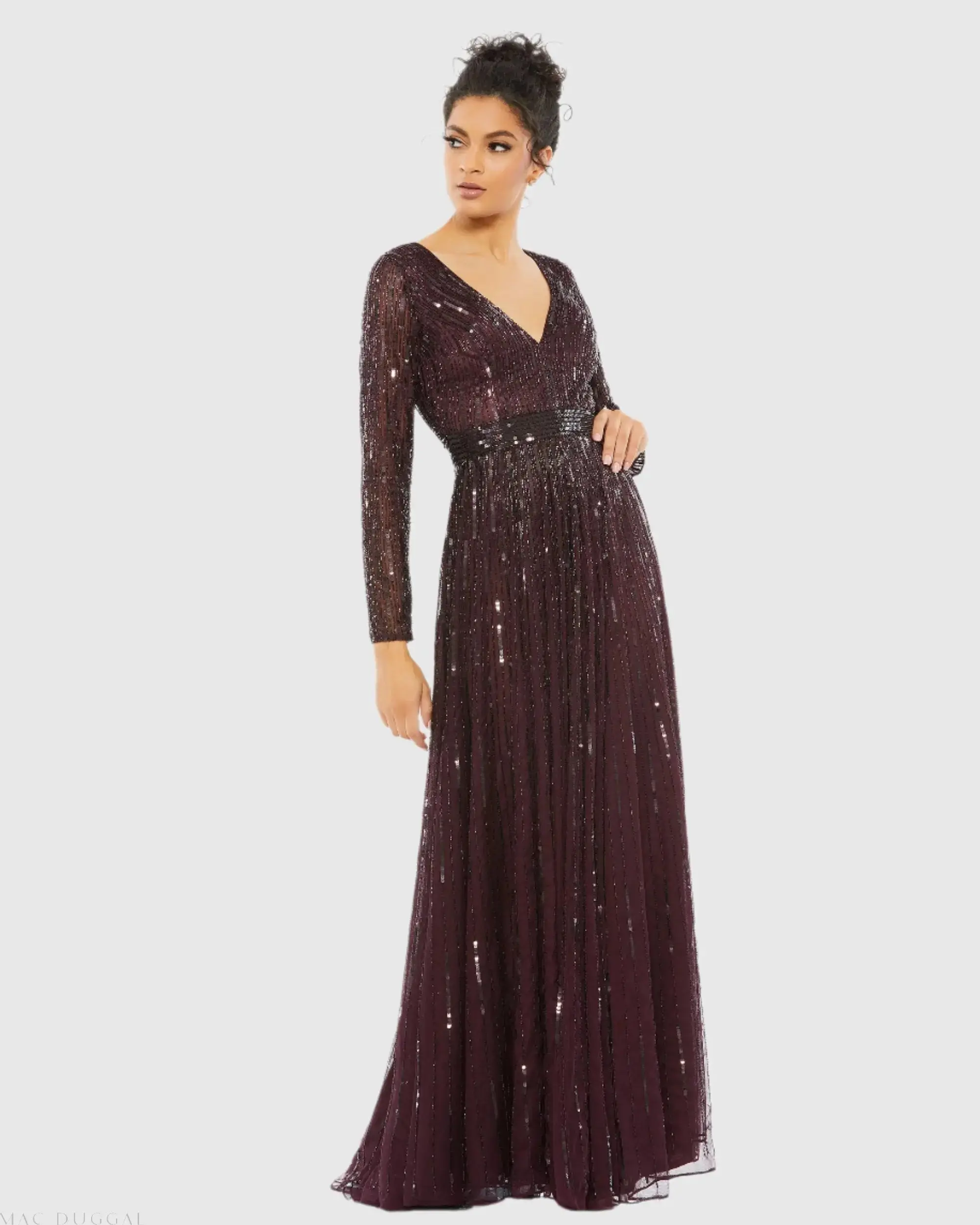 Sequined V Neck Illusion Sleeve A Line Gown - Image 2