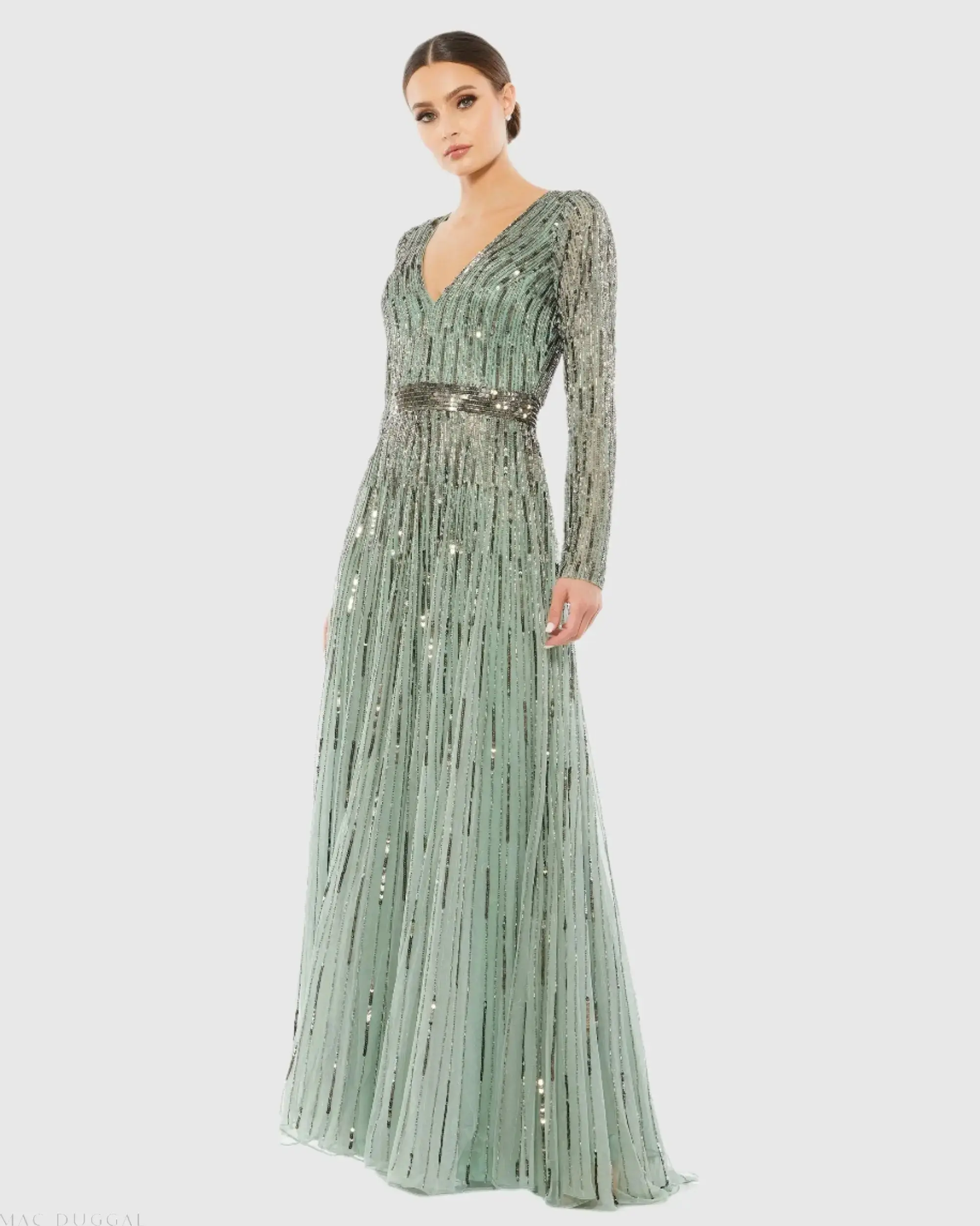 Sequined V Neck Illusion Sleeve A Line Gown - Image 3