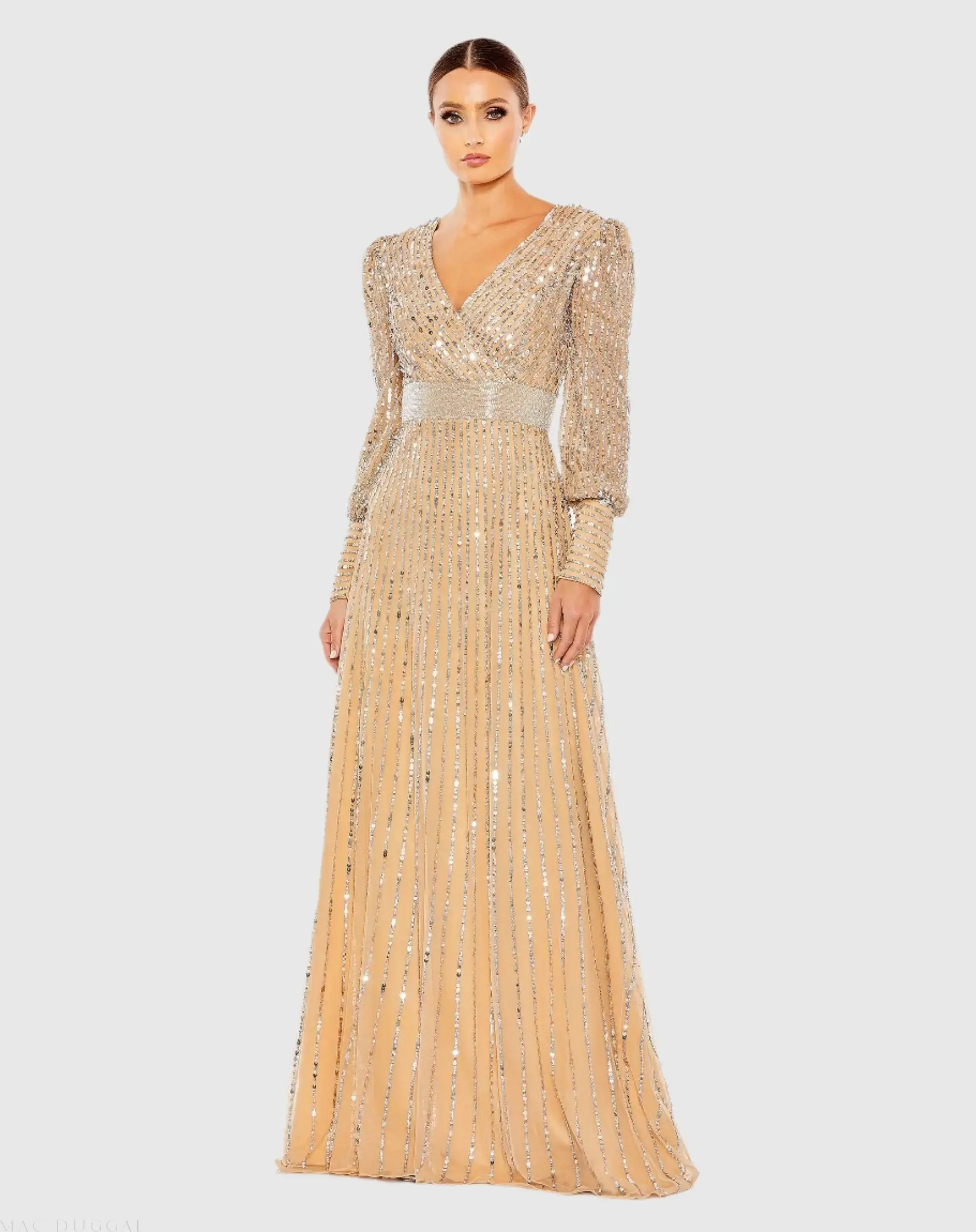 Sequined Wrap Over Bishop Sleeve Gown
