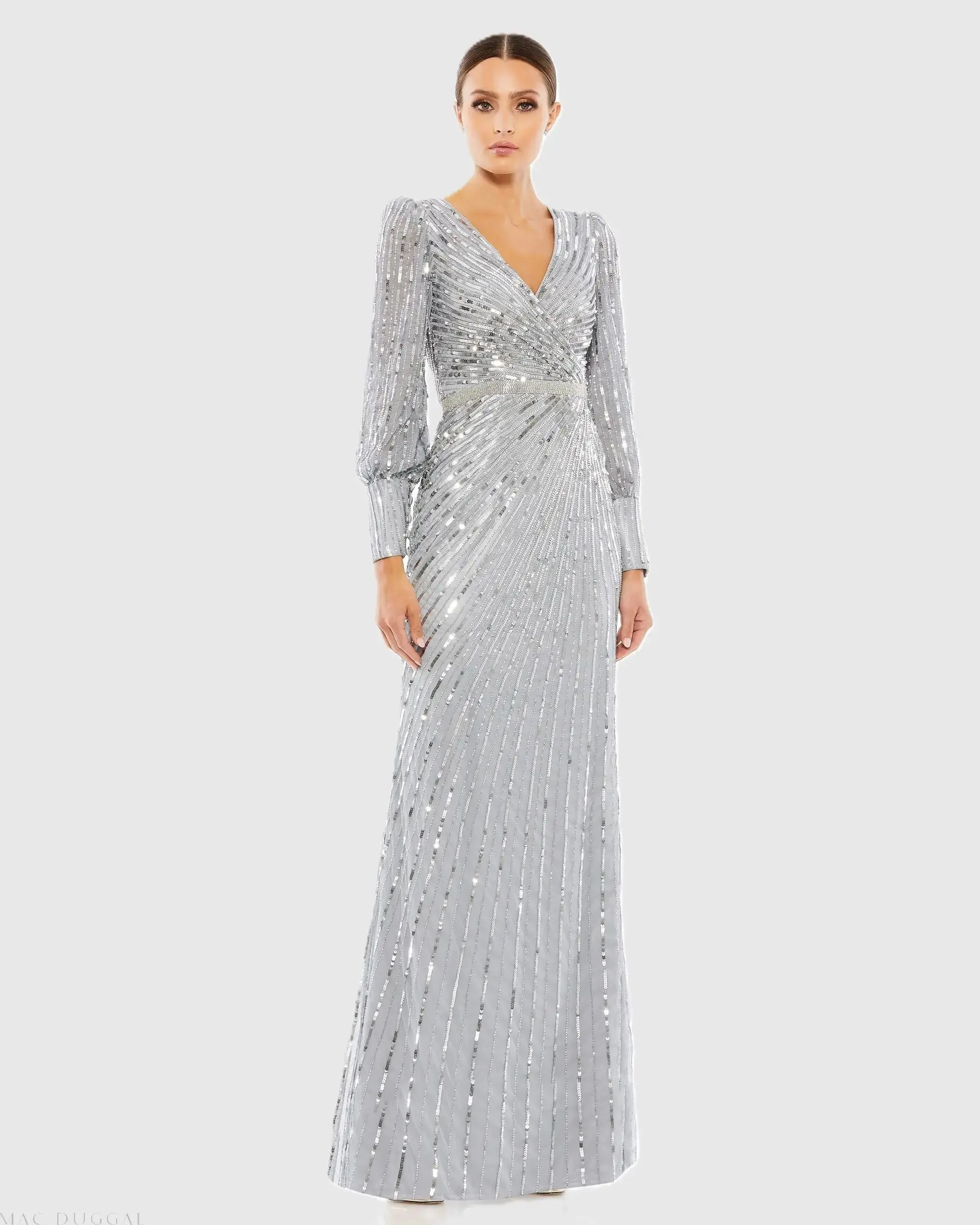 Sequined Wrap Over Bishop Sleeve Gown - Image 5