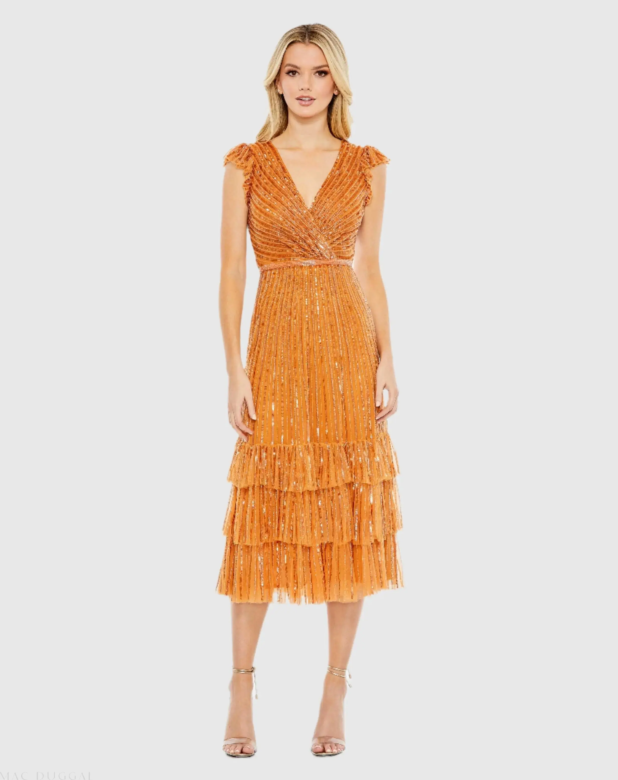 Sequined Wrap Over Cap Sleeve Ruffle Hem Dress - Image 2