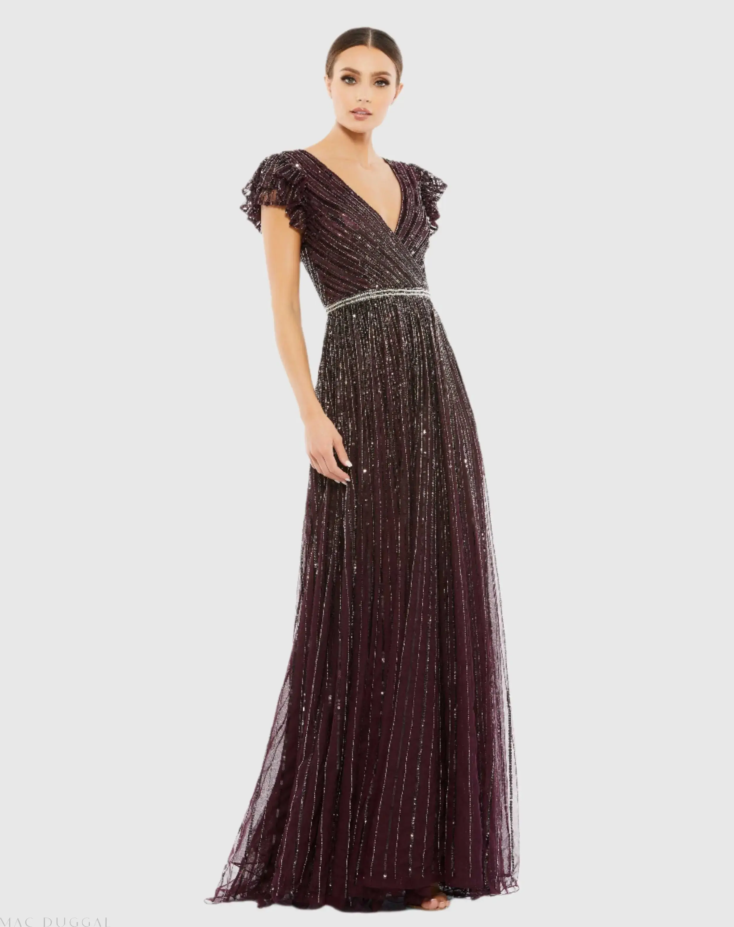 Sequined Wrap Over Ruffled Cap Sleeve Gown - Image 2