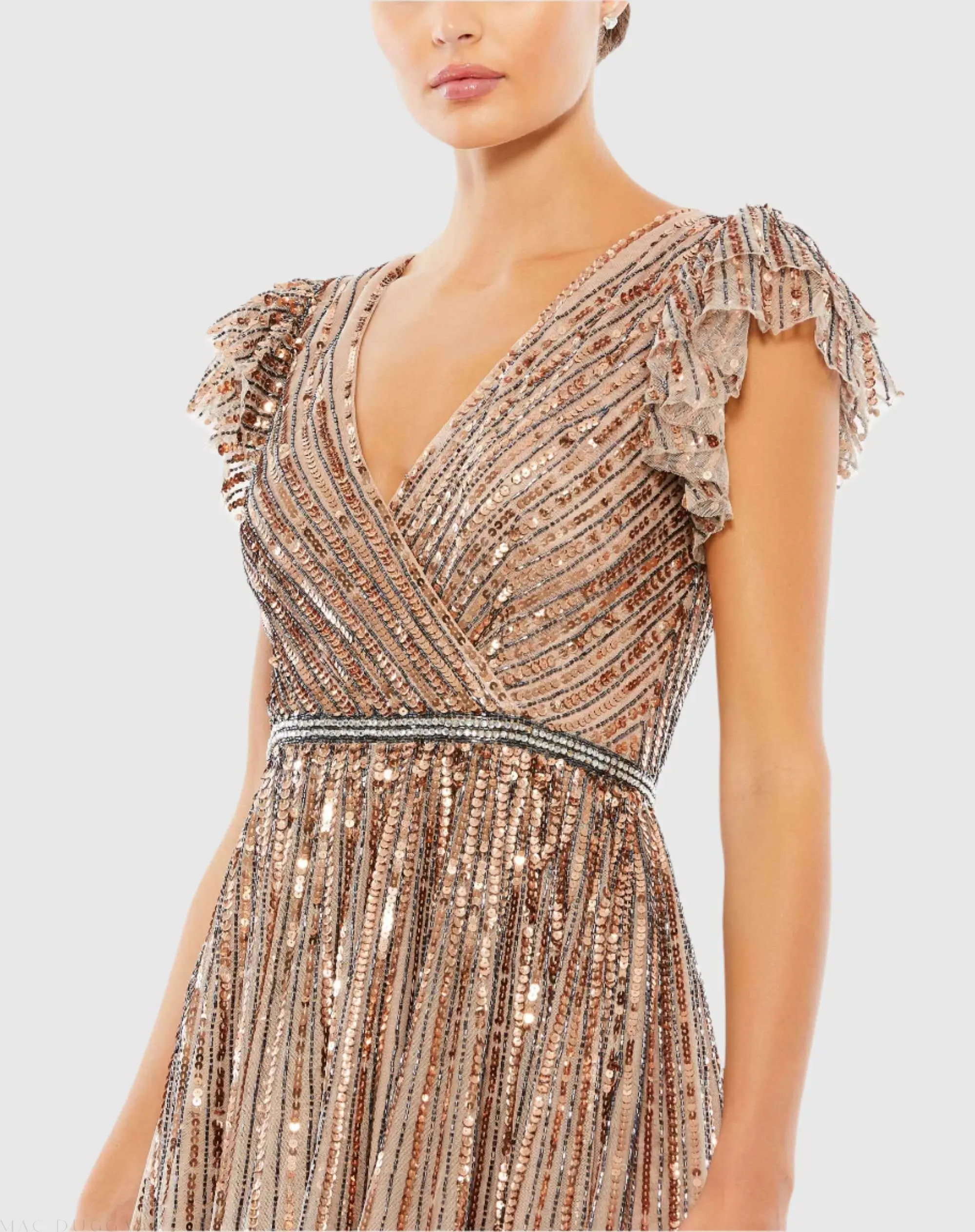 Beige Sequined Wrap Over Ruffled Cap Sleeve Gown - Image 2