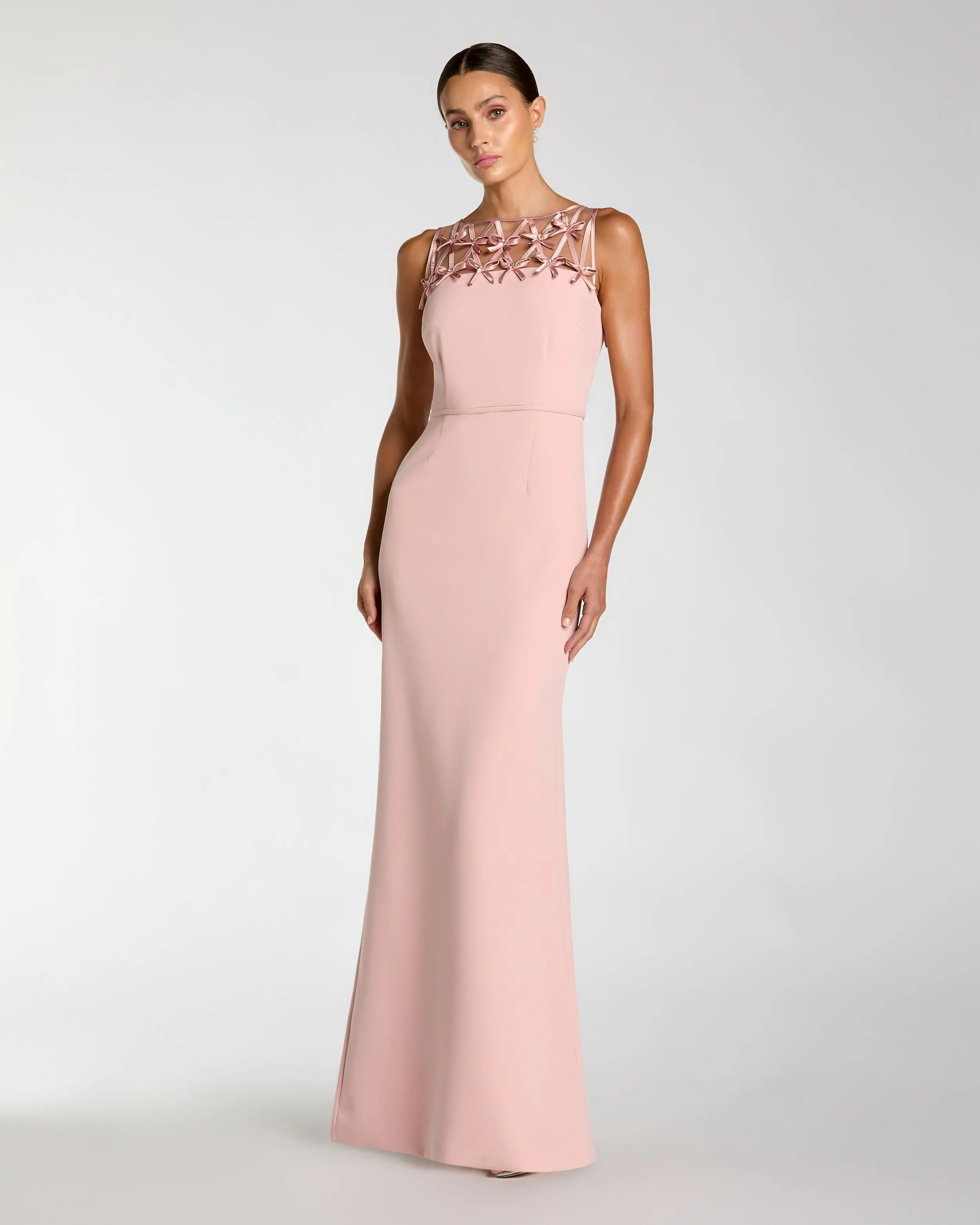 Sleeveless Crepe Gown With Embellished Bows