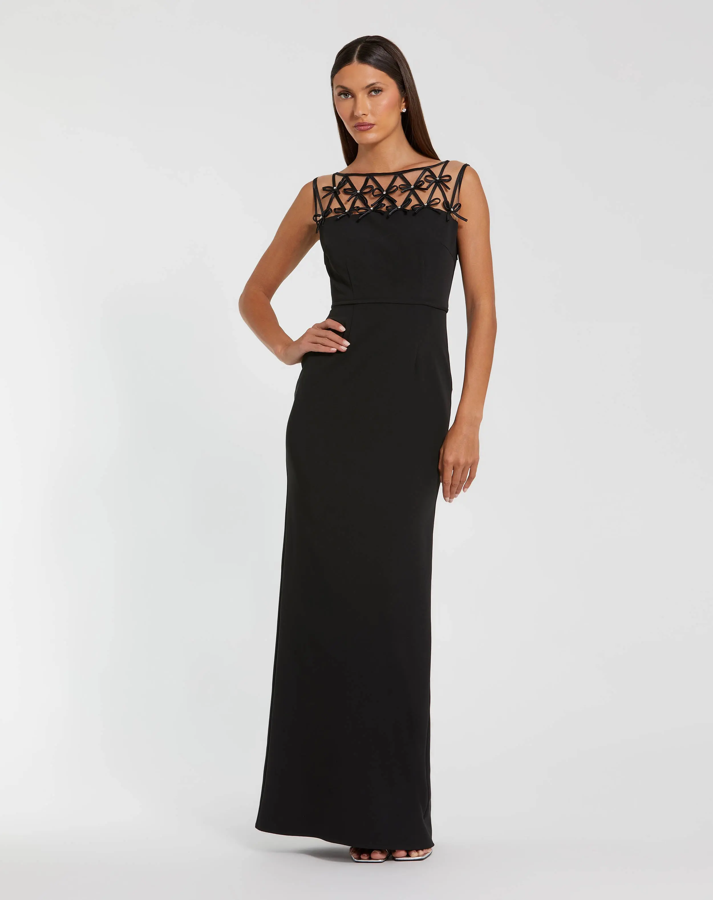 Sleeveless Crepe Gown With Embellished Bows - Image 2