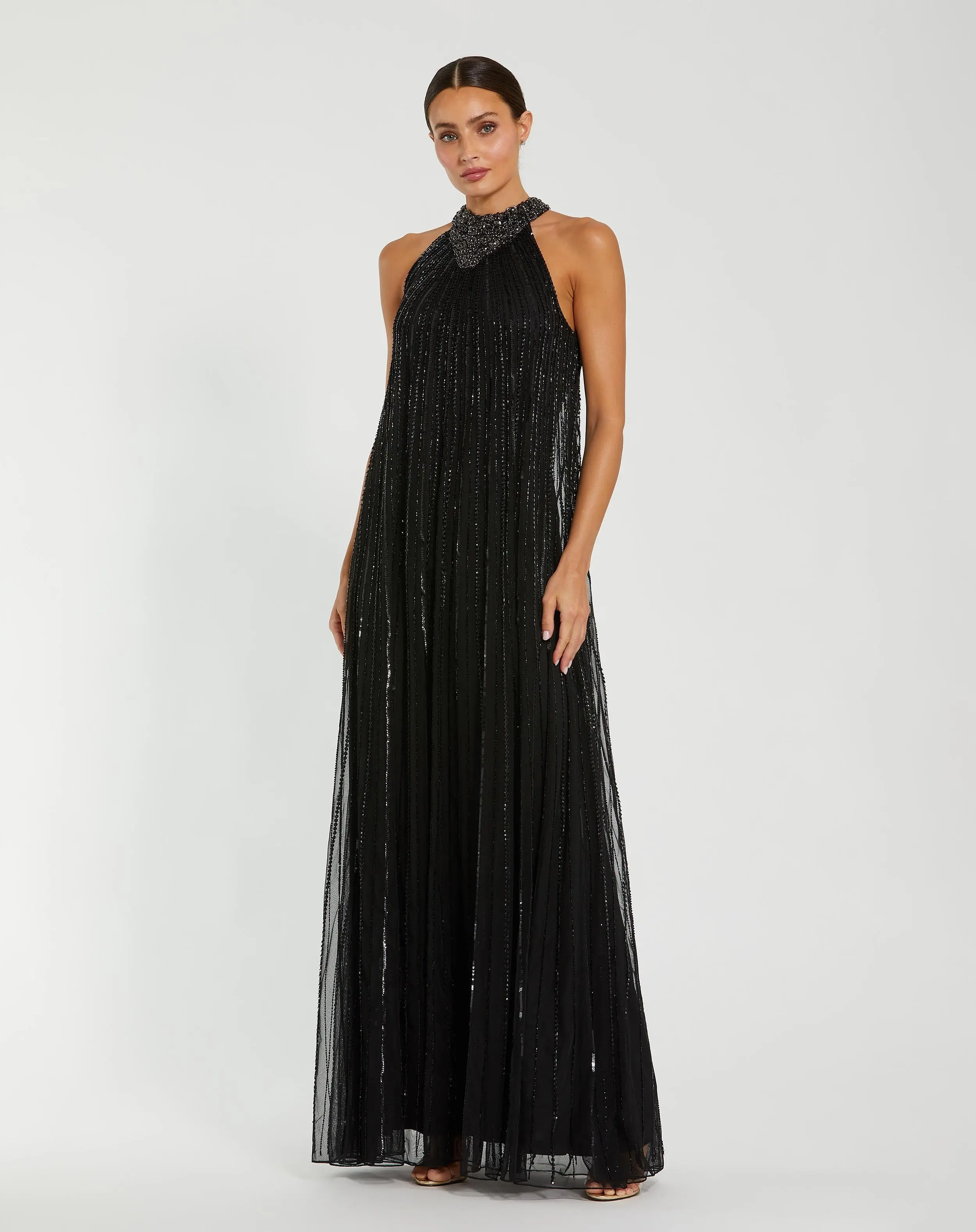 Sleeveless Halter Neck Embellished Trapeze Gown
