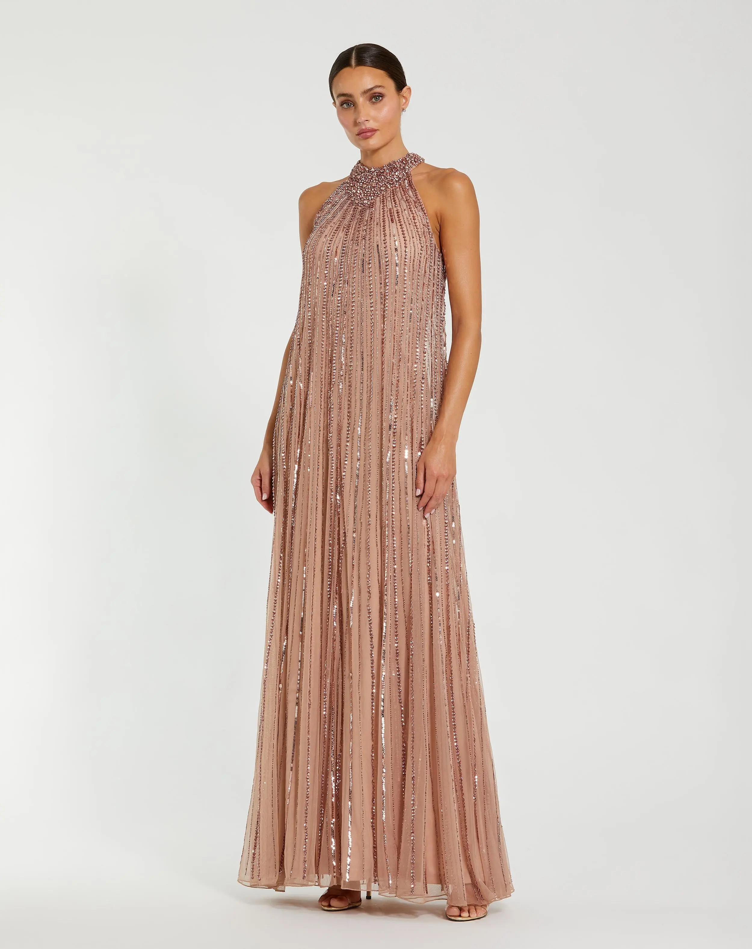 Pink Sleeveless Halter Neck Embellished Trapeze Gown