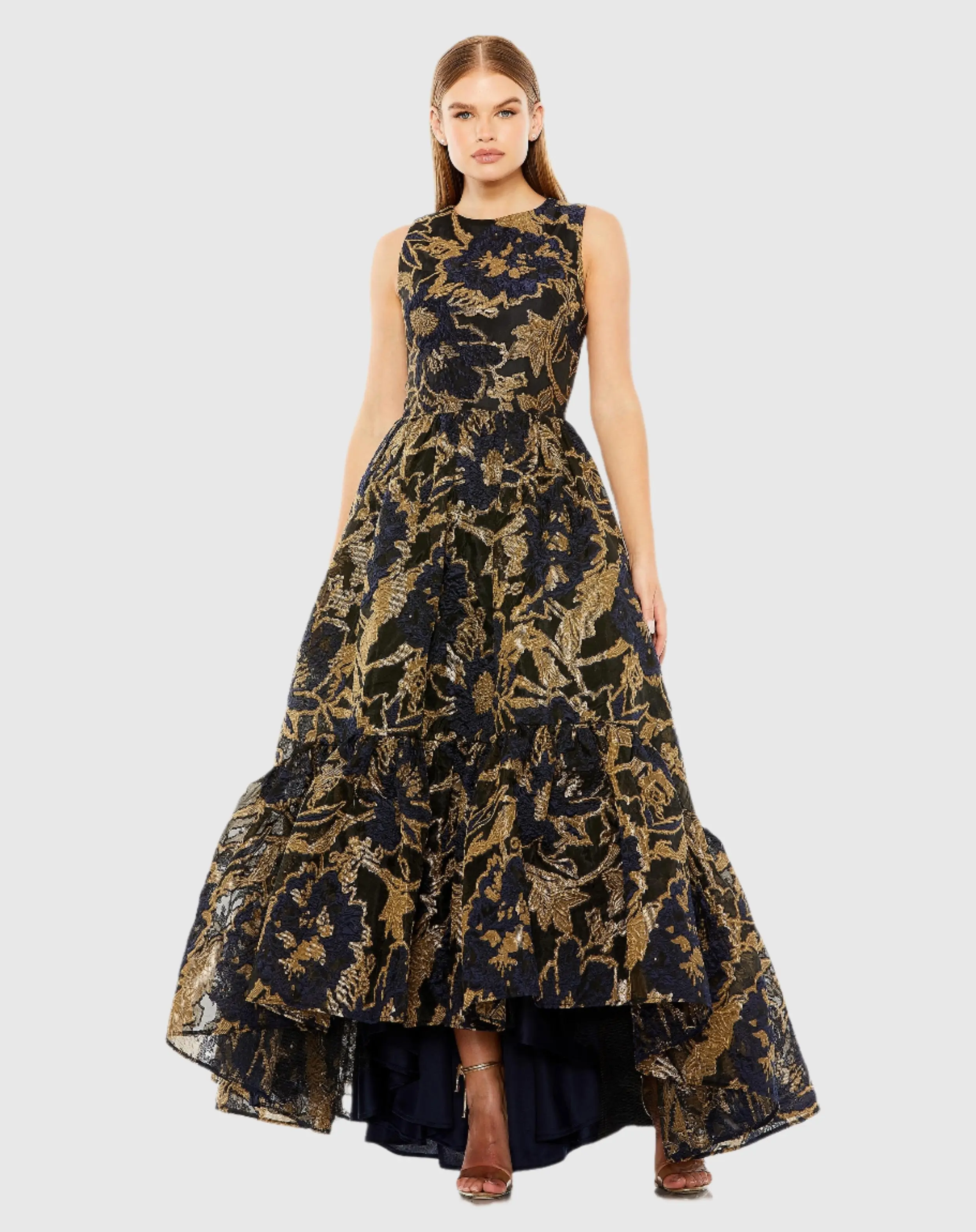 Sleeveless High Low Brocade Gown - Image 2