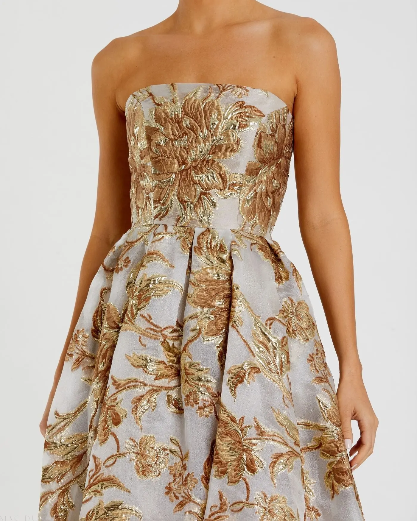 Gold Strapless Brocade Midi Dress with Pockets - Image 2