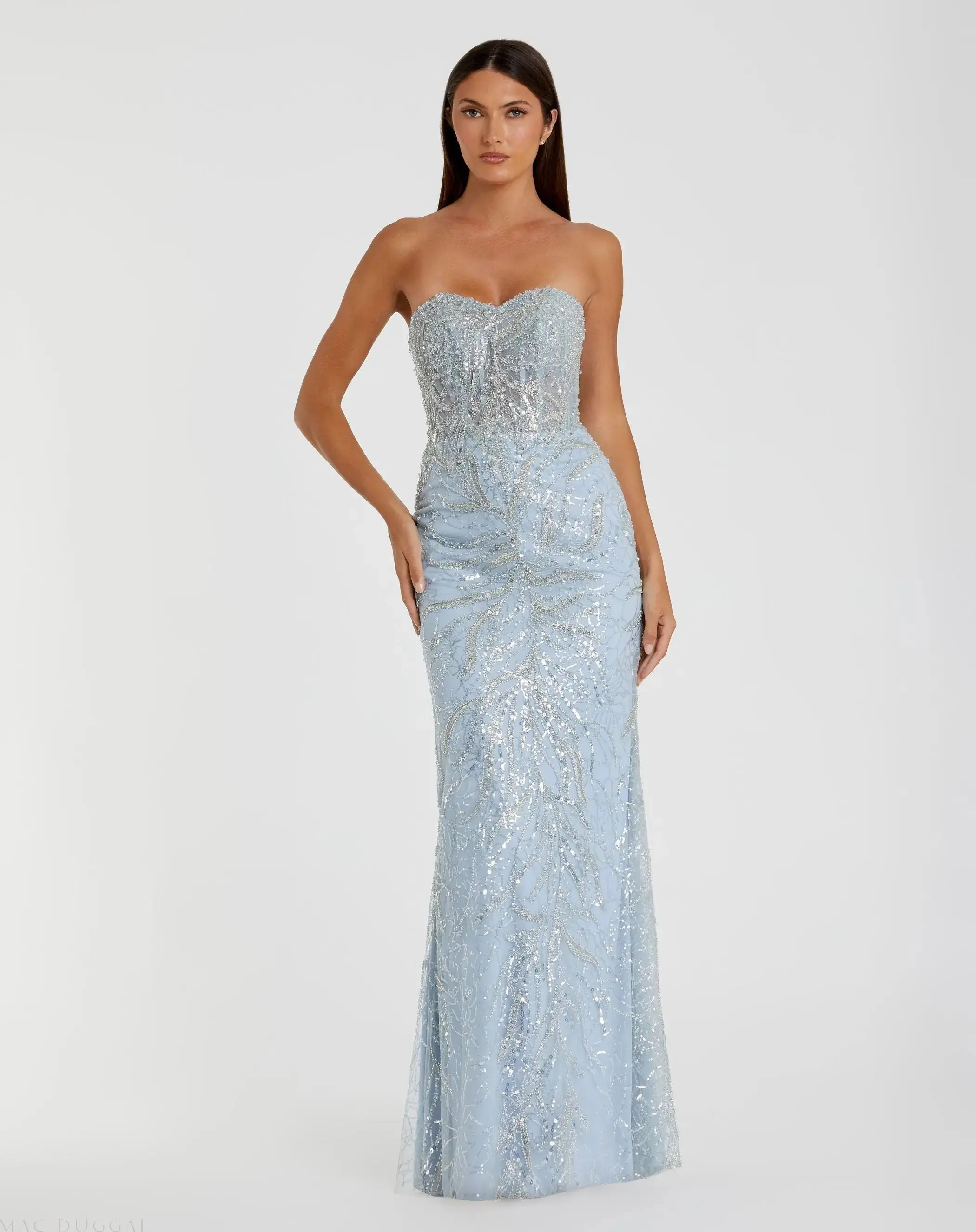 Blue Beaded Sequin Strapless Trumpet Gown