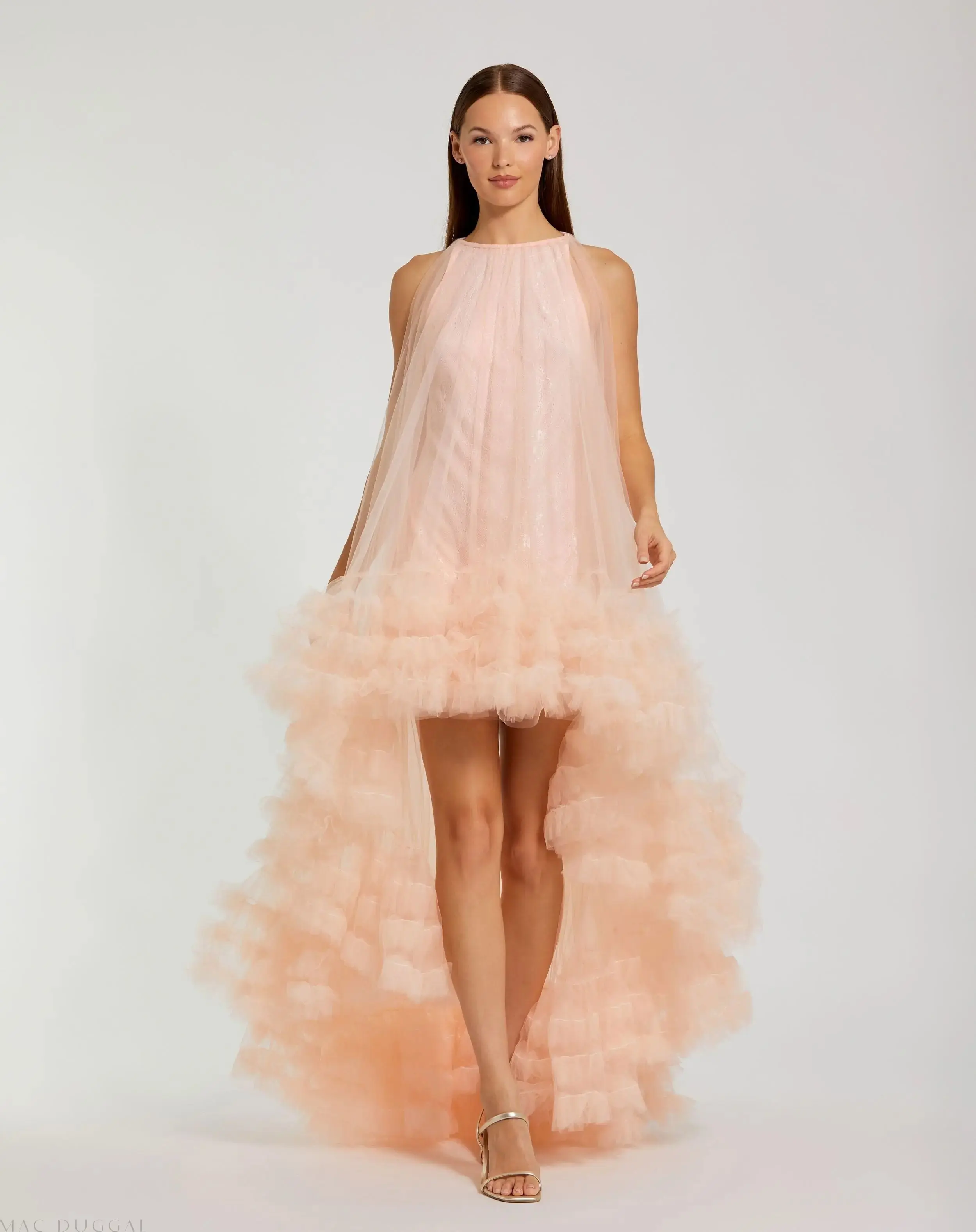 Tulle High Neck Sleeveless Ruffled Hem Hi-Low Gown - Image 2