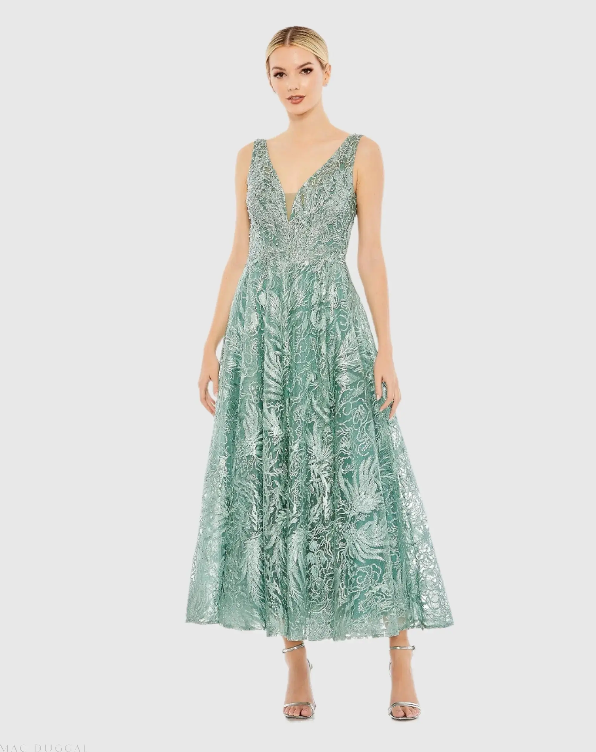 V-Neck Low Cut Back Floral Embroidered A-Line Dress - Image 2