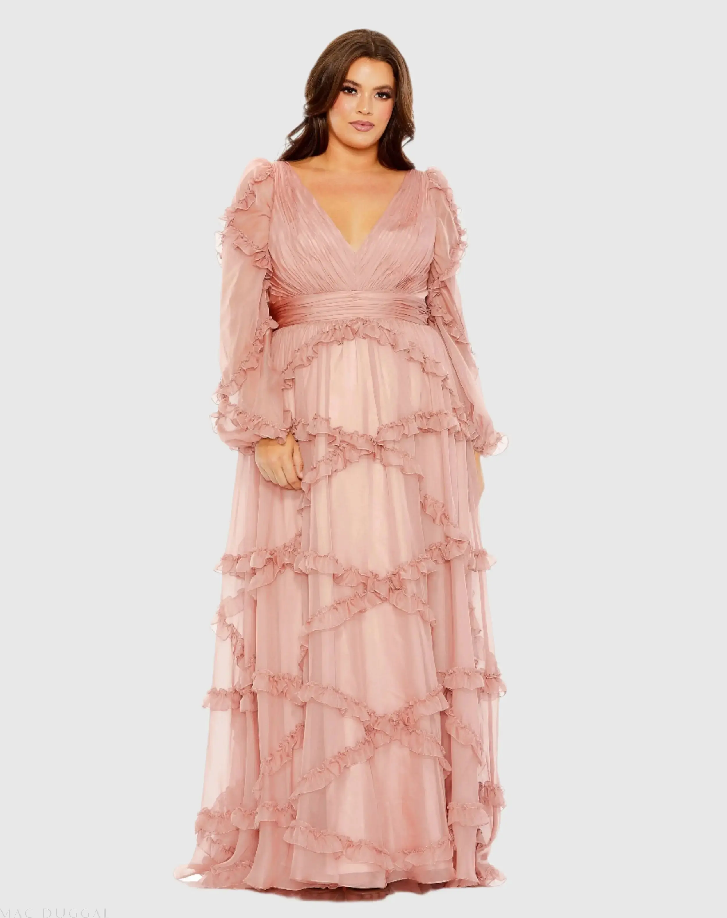 V Neck Ruffle Tiered Puff Sleeve Gown - Image 2