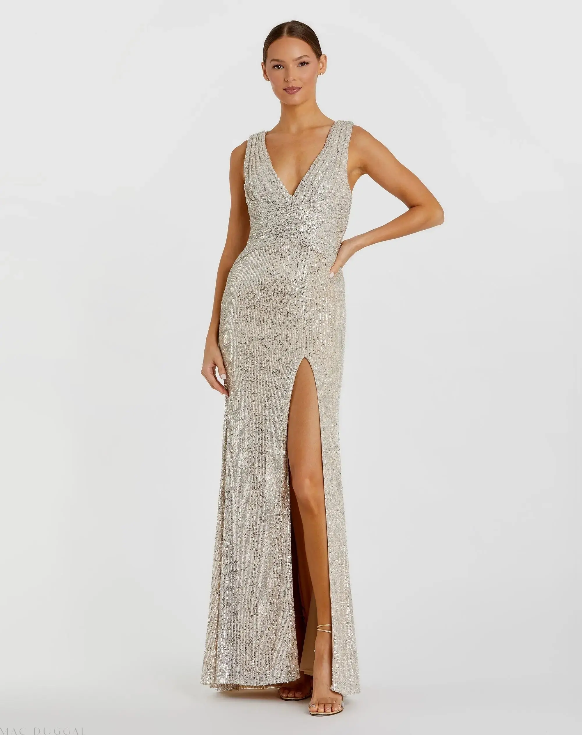 V-Neck Sequin Wrap Waist Gown - Image 2